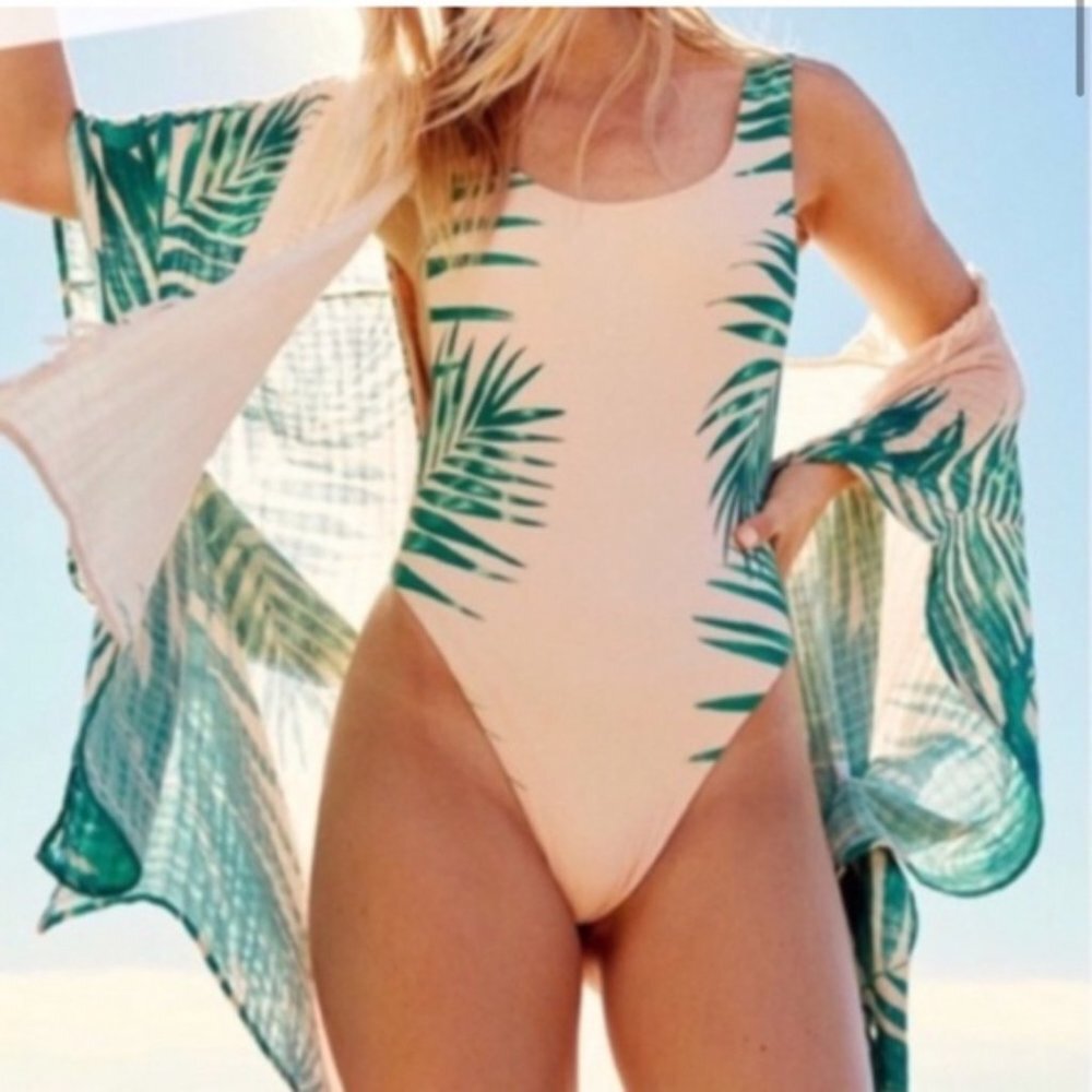 AERIE Green Palm Leaf & Peach One Piece Swimsuit